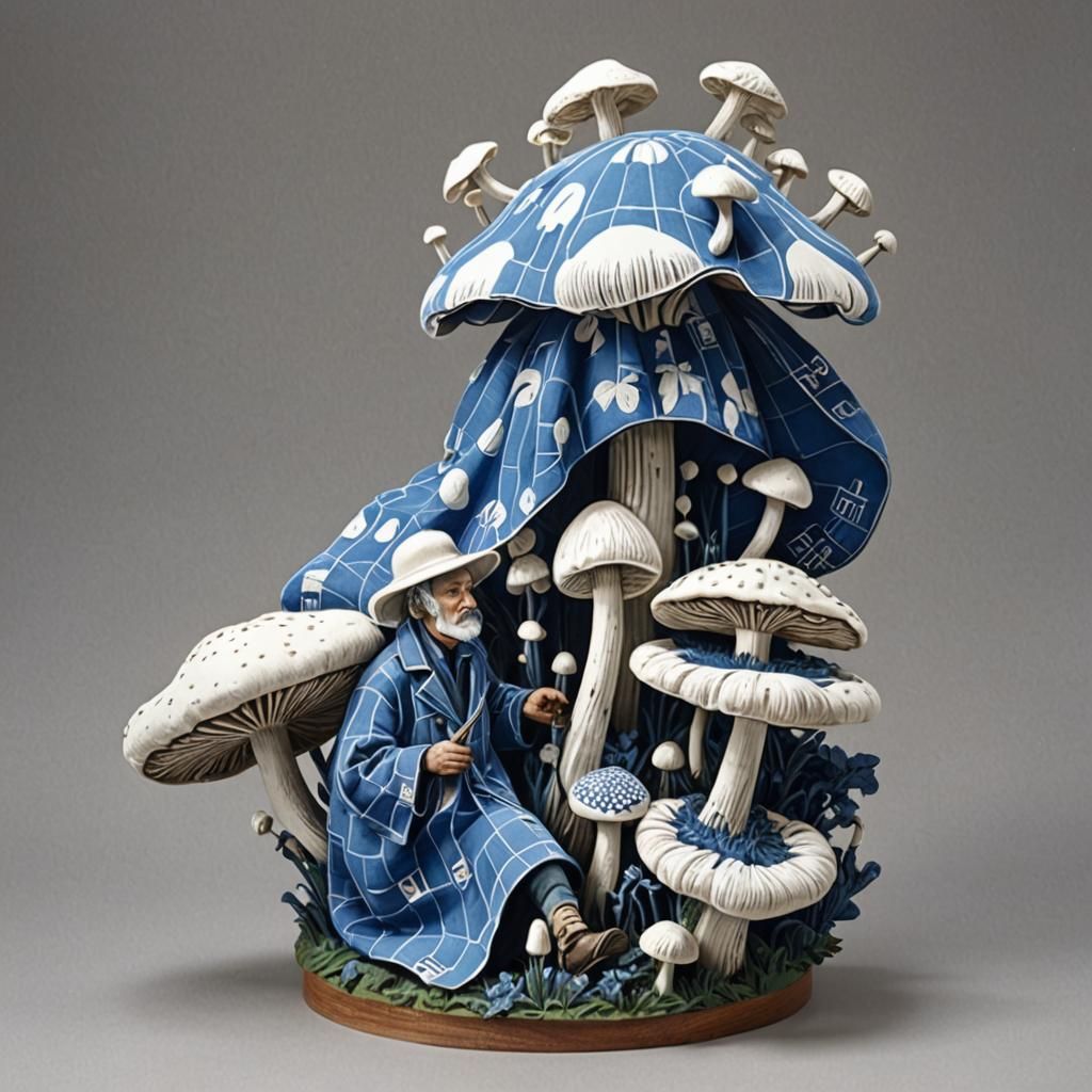 Giant Mushrooms Harvested by Activists: Linocut Style