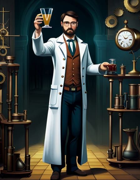 Steampunk Alchemist Toasting in Laboratory, Oil Painting