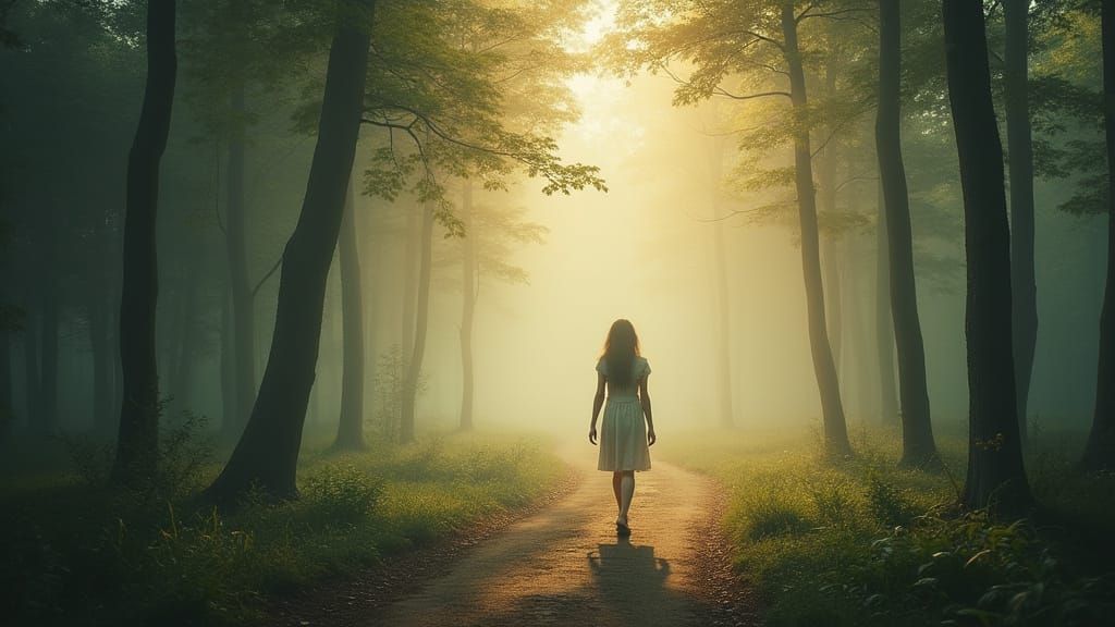 Ethereal Woman Walks Foggy Forest Path