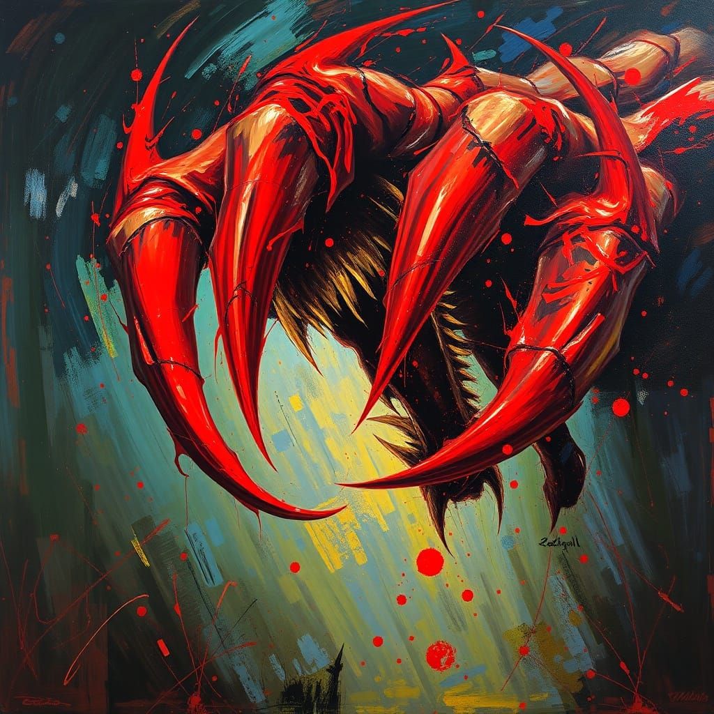 Surreal Crimson Claws Swipe in Vibrant Abstract Chaos