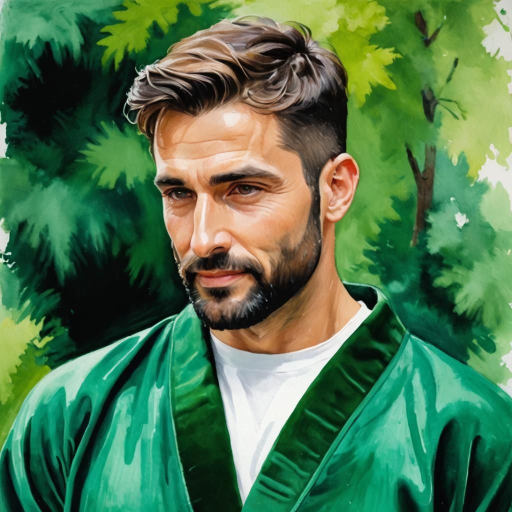 Expressionist Oil Painting: Italian Man in Green Bathrobe