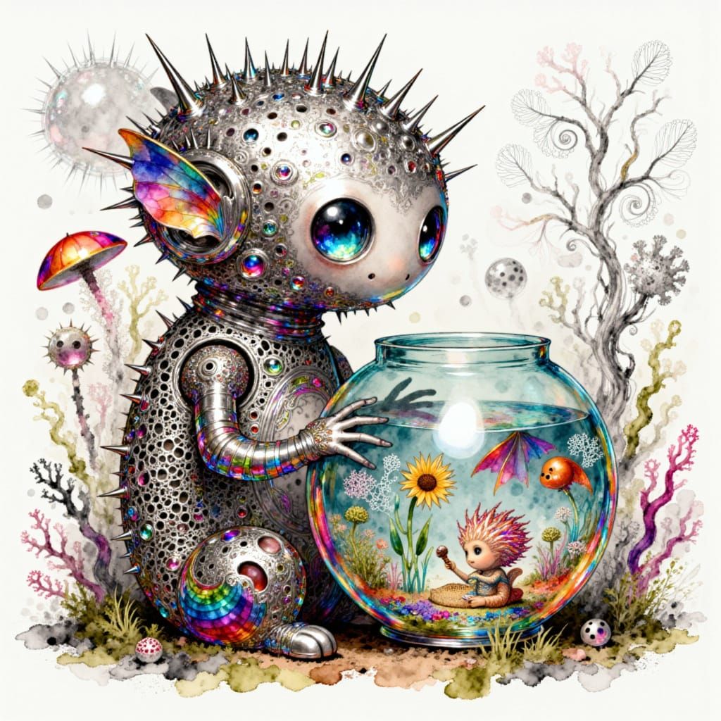 Cute Robot Holding a Fishbowl