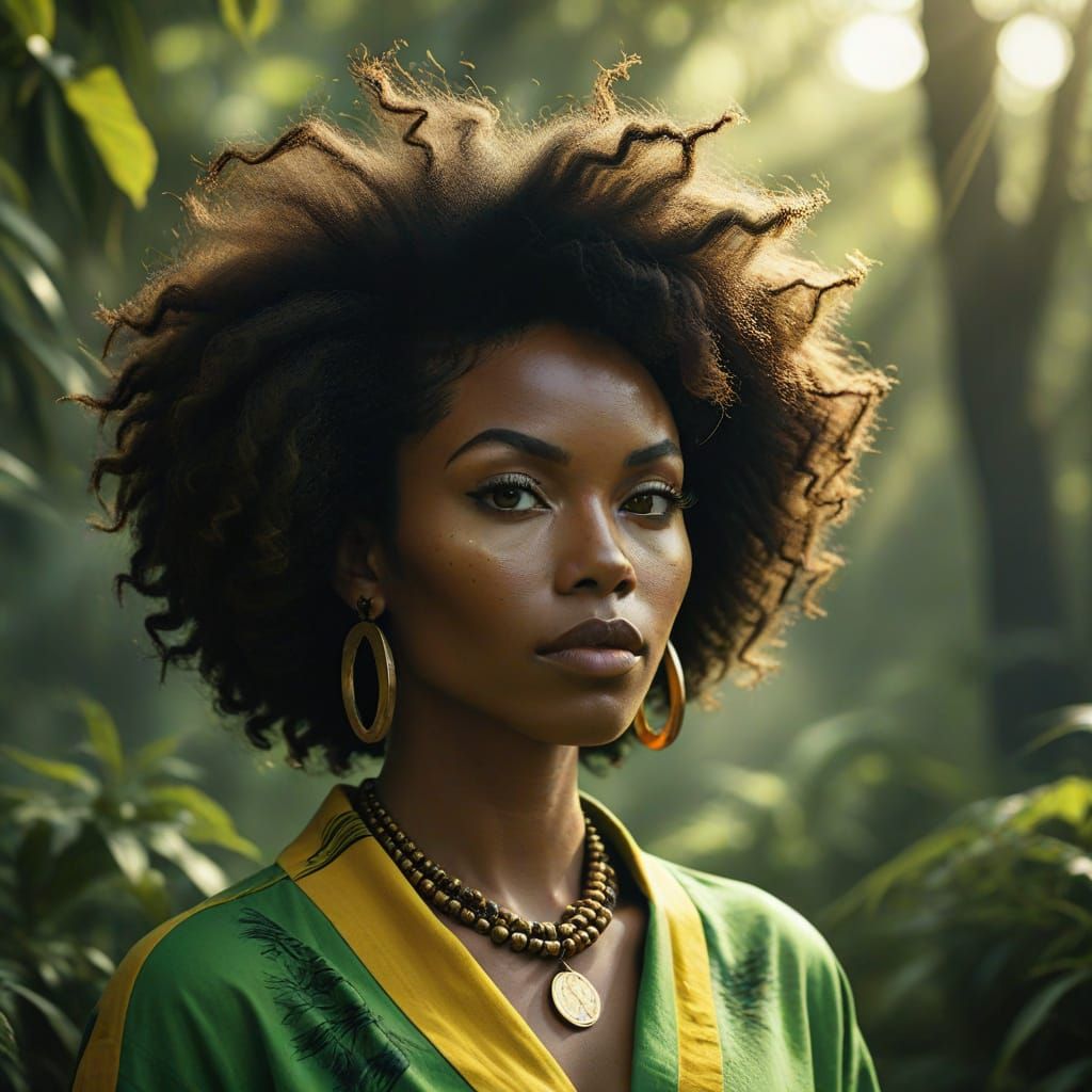 Striking Vector Portrait of Woman with Afro in Rastafarian S...