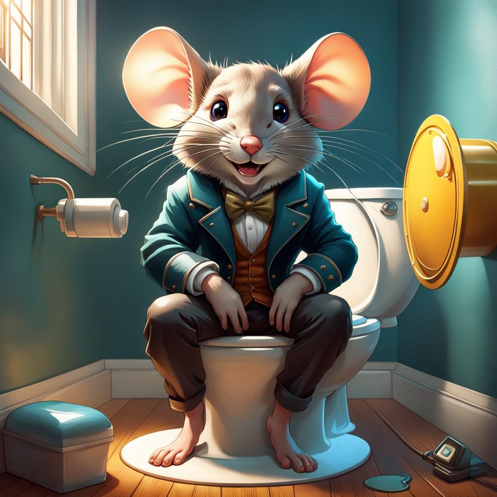 Smiling Mouse on Toilet: 8k Concept Art Portrait