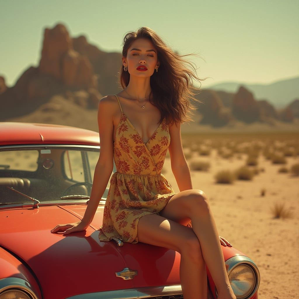 Desert Beauty on Vintage Car, Nouveau Style