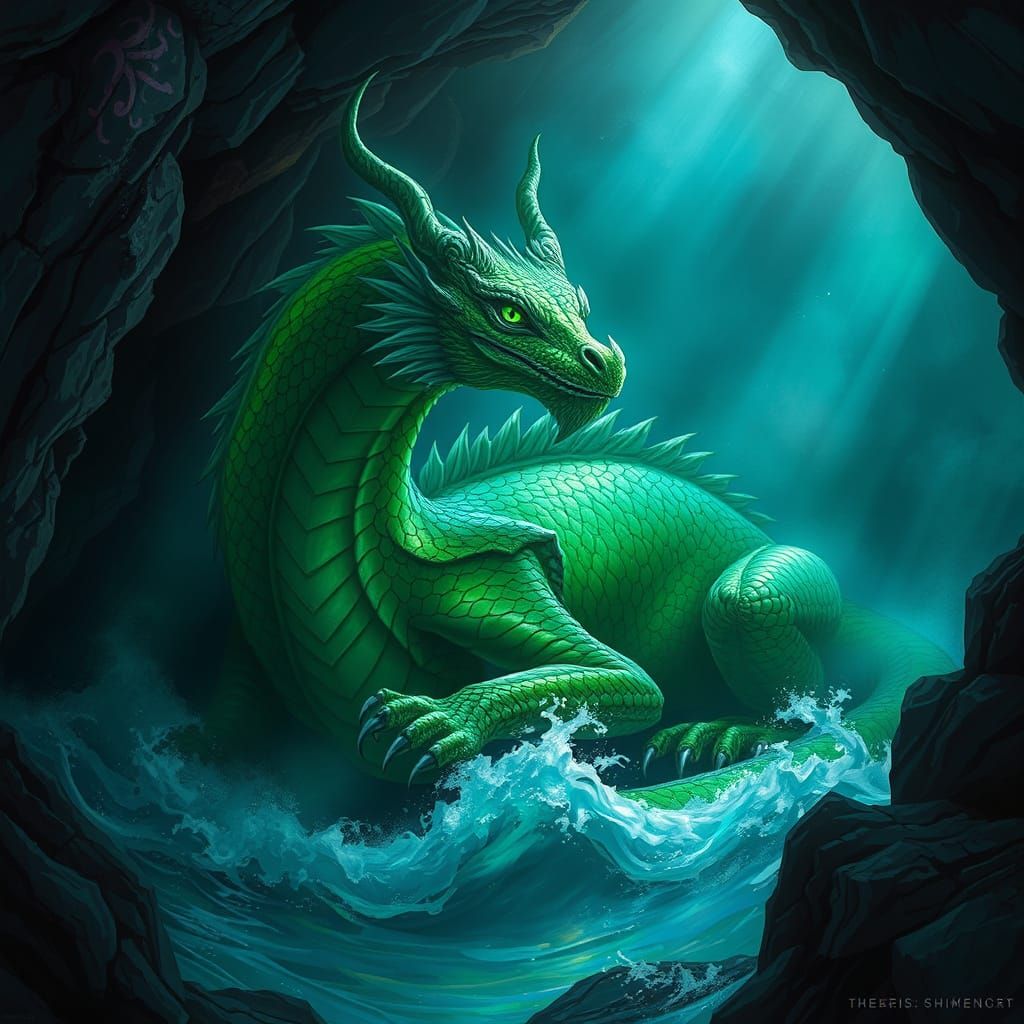 Emerald Dragon in Cave, Hyperrealistic Concept Art