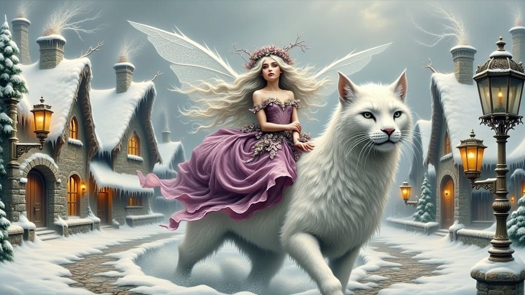 Whimsical Fairy Rides Frost-Cat through Snowy Village