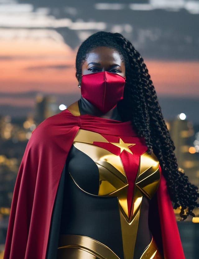African American Superheroine Watching Over City at Night