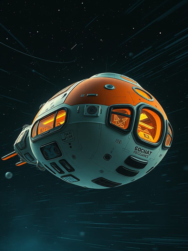 Retro Sci-Fi Spaceship Speeds Through Cosmic Dust