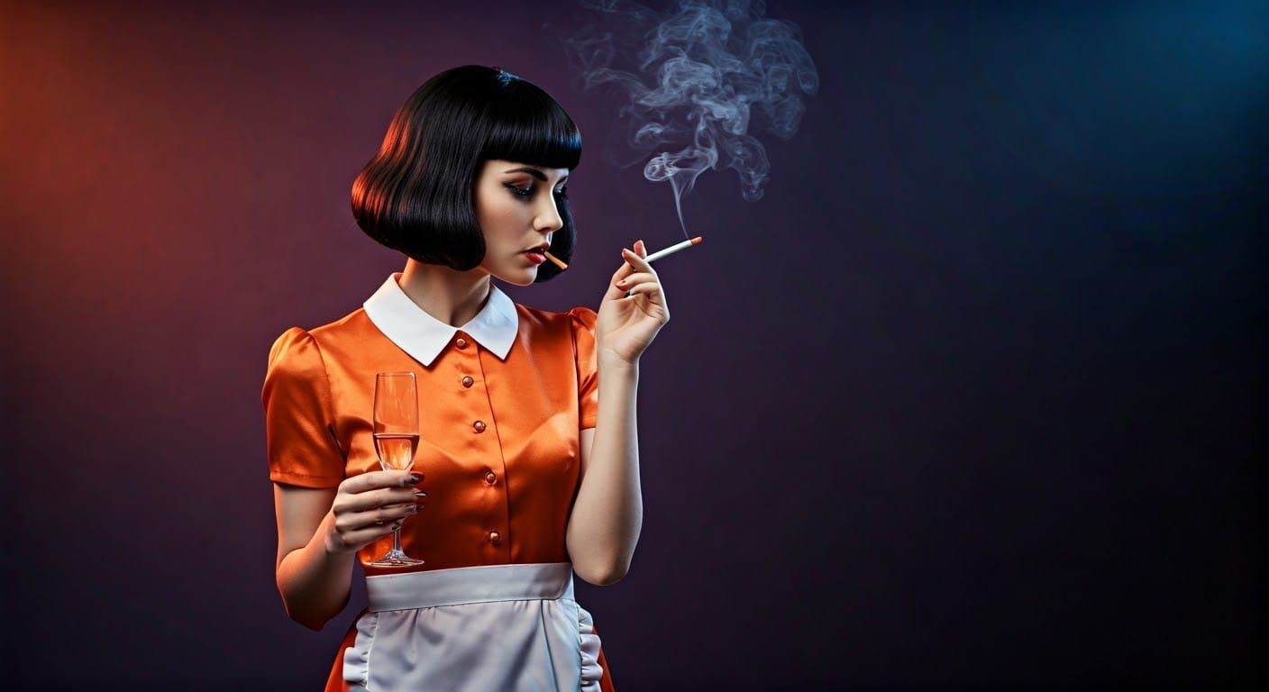 Sultry Woman in Orange Dress with Champagne