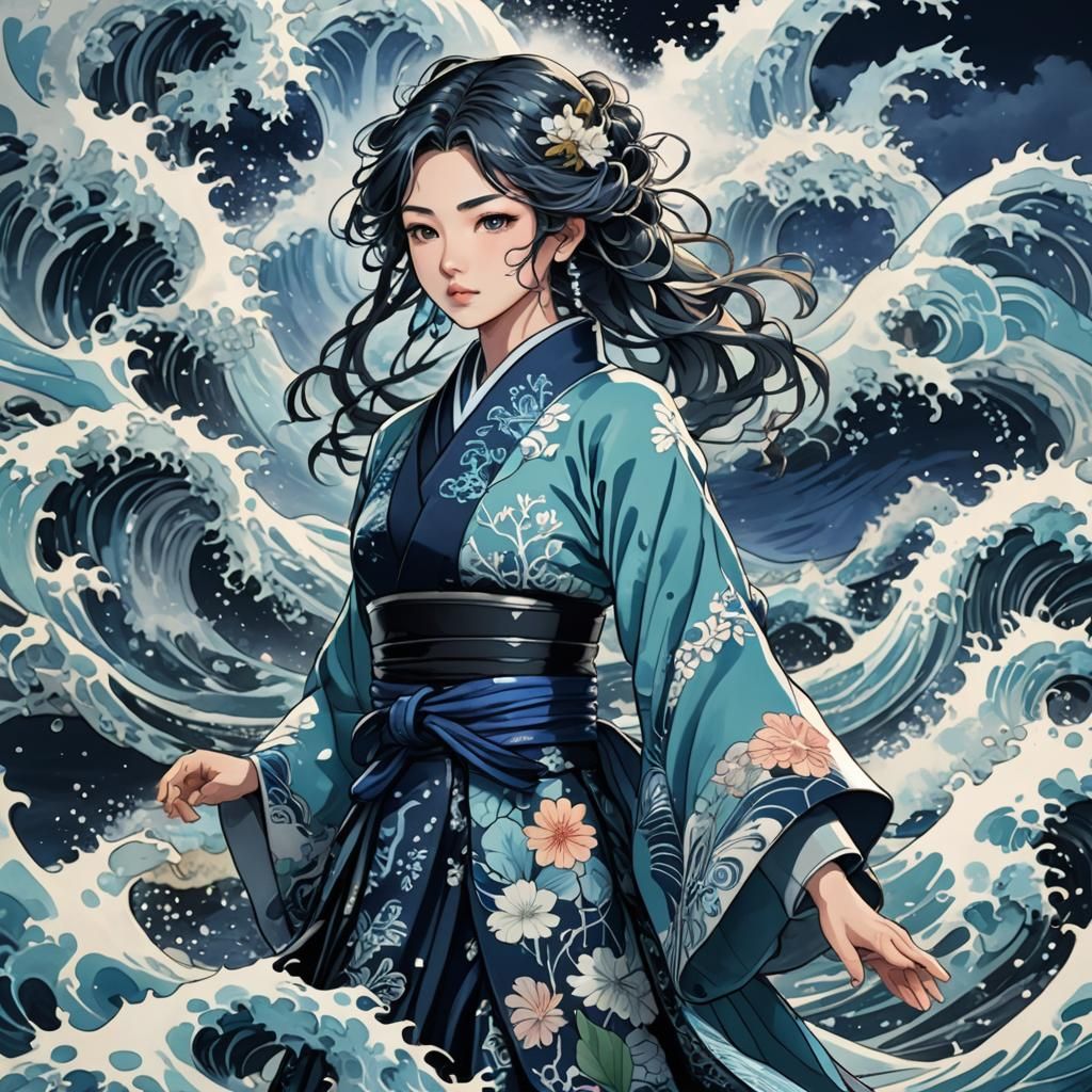 Manga Portrait: Woman Amidst Crashing Wave