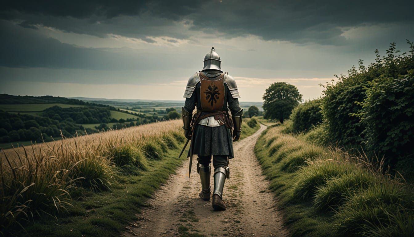 Aged Knight Amidst Rolling Hills, Cinematic Masterpiece