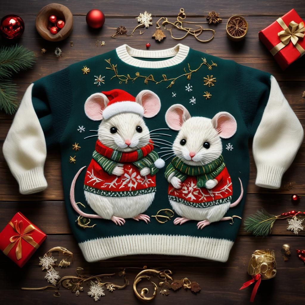 Christmas Sweater Embroidered with Fluffy Mice