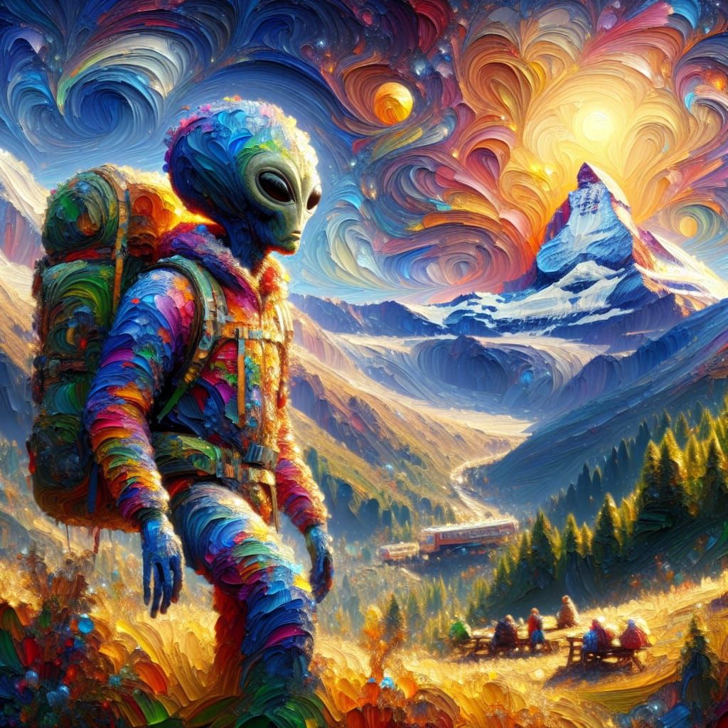 Colorful Alien Hiking in Mountain Landscape as Impressionist...
