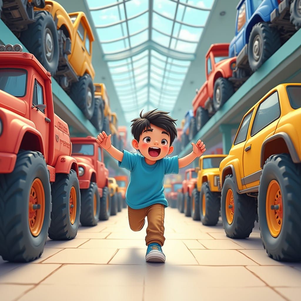 Joyful Boy Runs Toward Toy Store in a Colorful Mall Scene