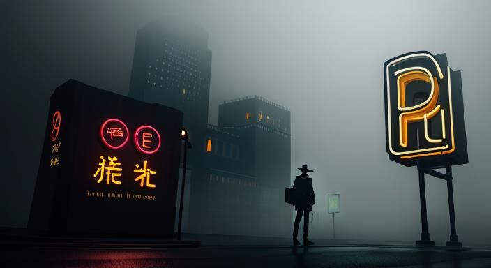 Letter Man and Neon Sign in Surreal Cityscape