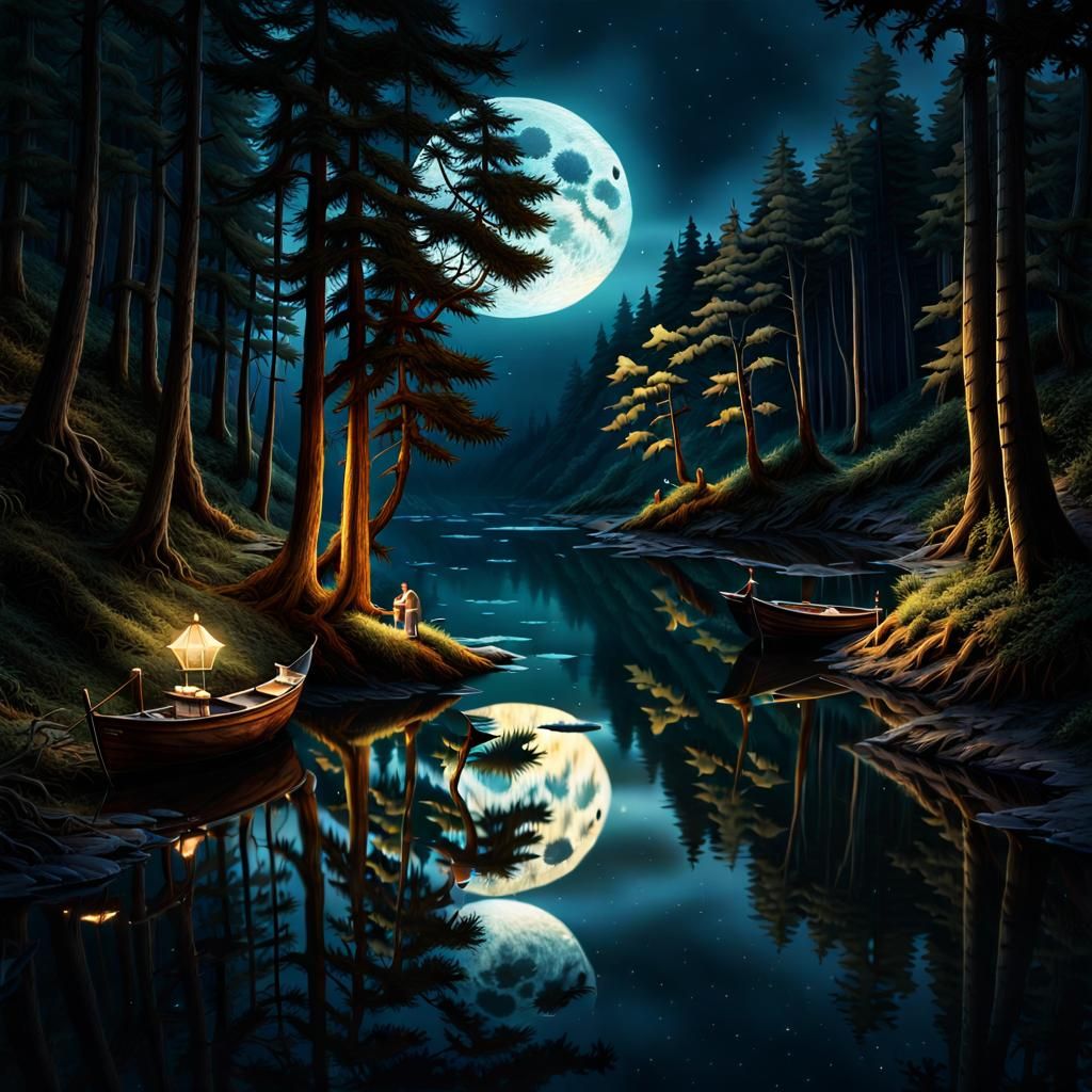 Mirror Reflects Sailboats on Forest Road