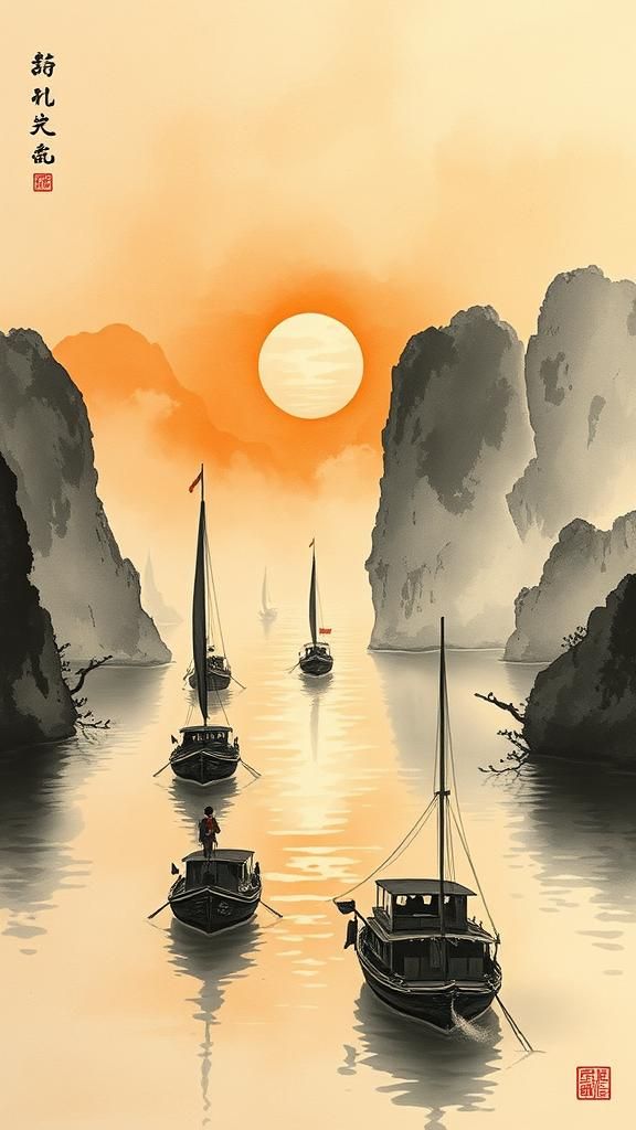 Sunset Boats in Chinese Ink Style