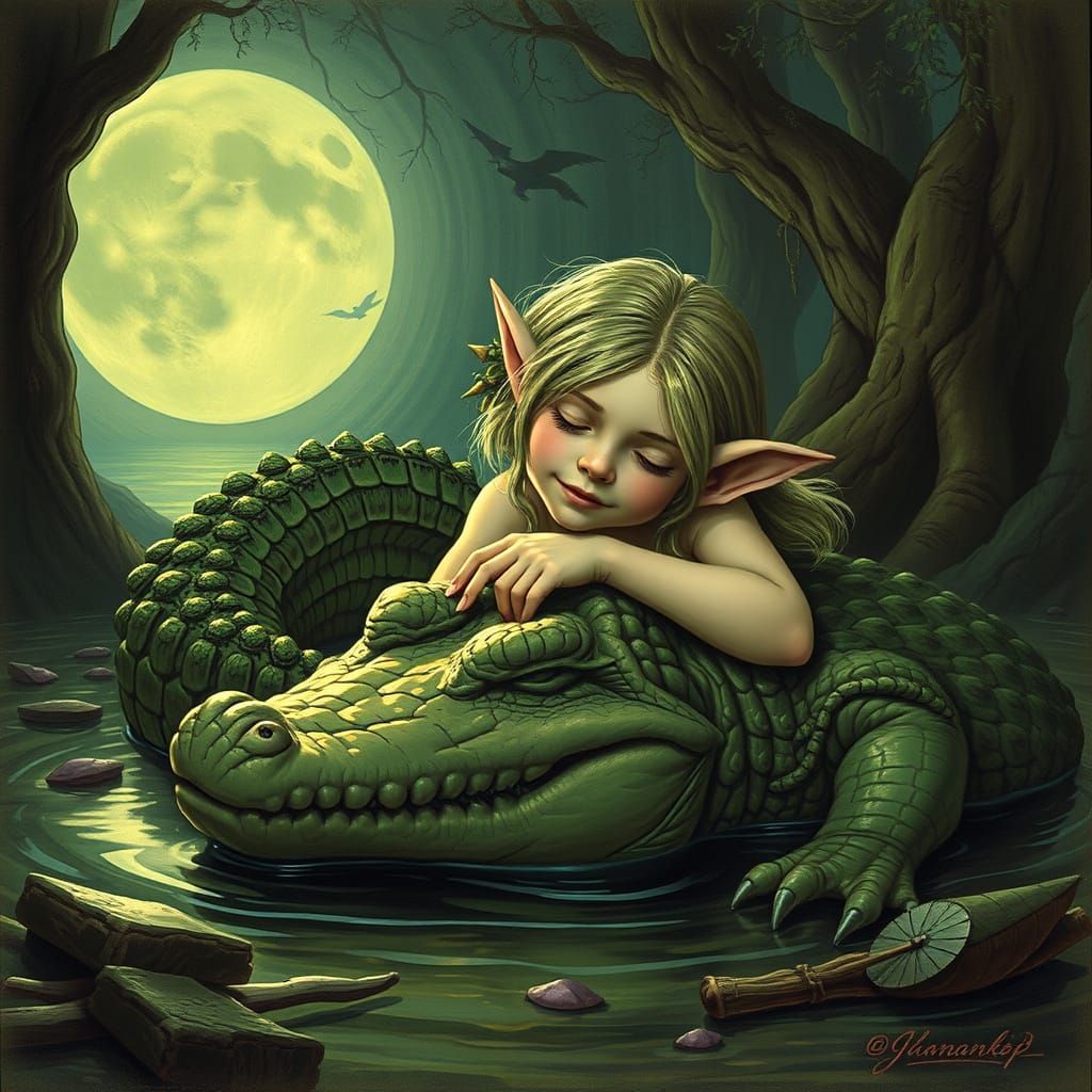 Sleepy Elf Cuddled with a Crocodile in Enchanted Forest