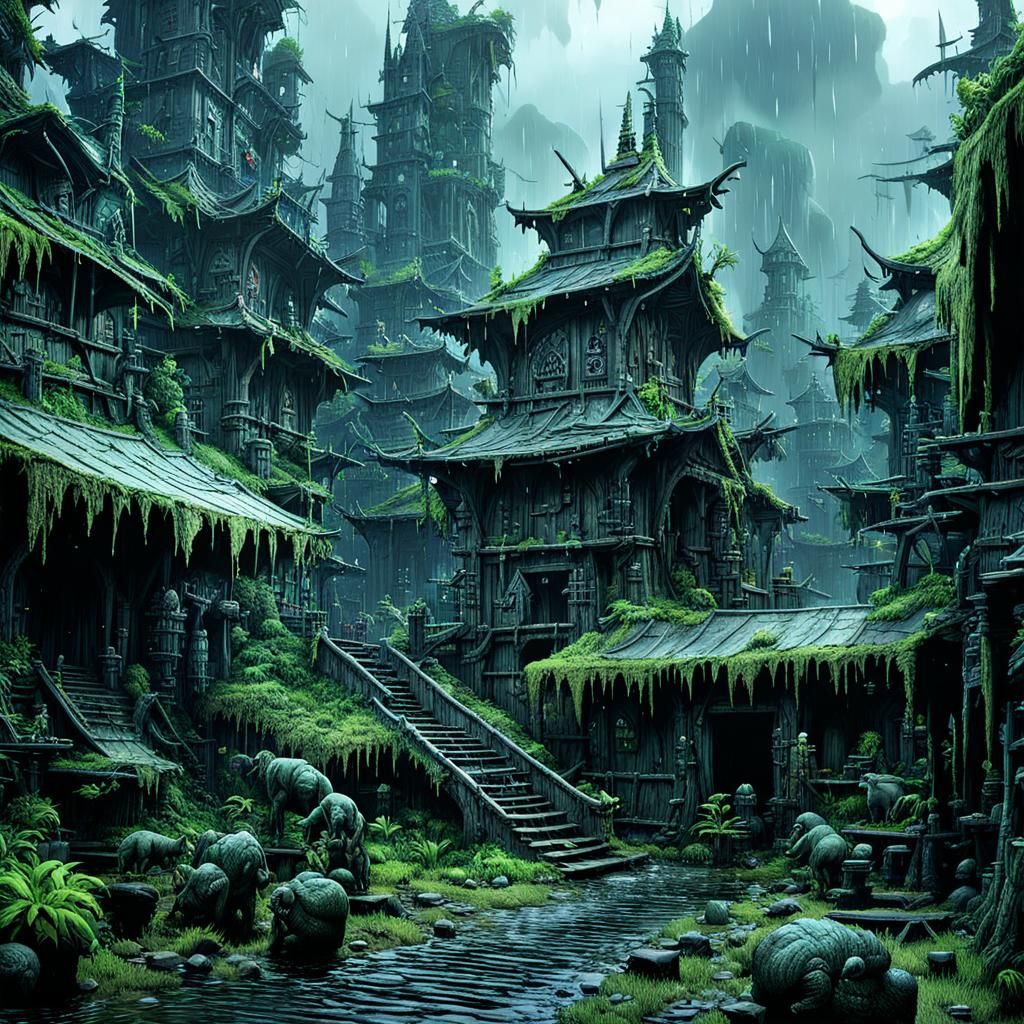 Goblin City in Rainy Post-Apocalyptic Forest