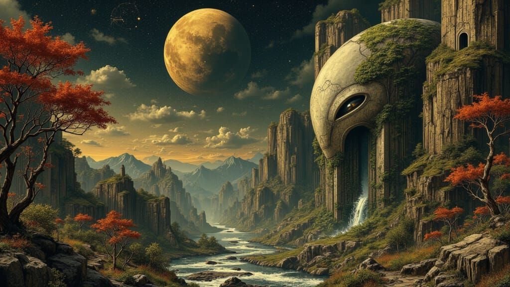 Alien Jungle Planet with Stone Face and Waterfalls