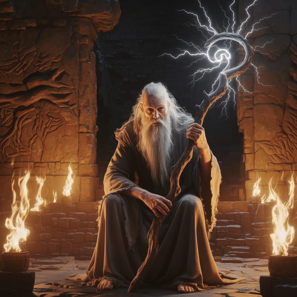 Ancient Storm Wizard in Dimly Lit Temple