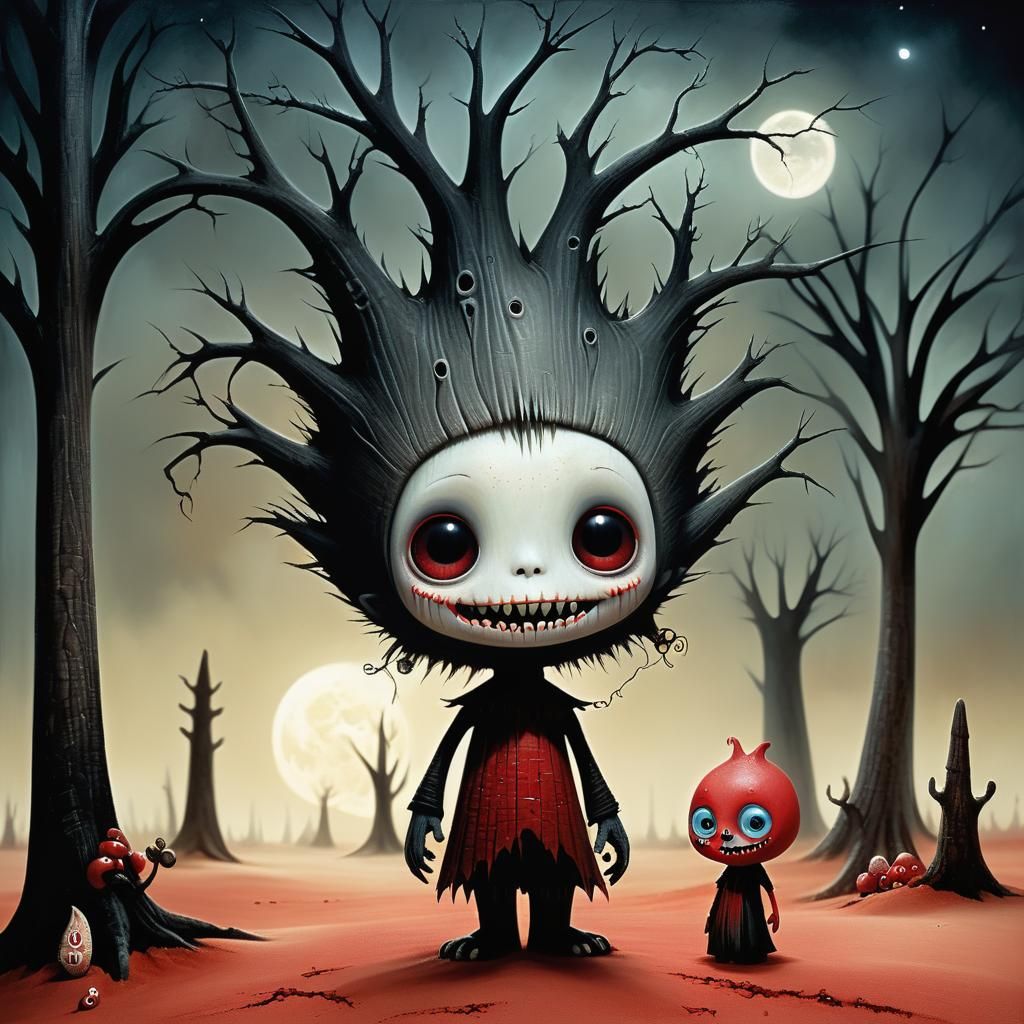 Eerie Chibi Monster in Red and Black
