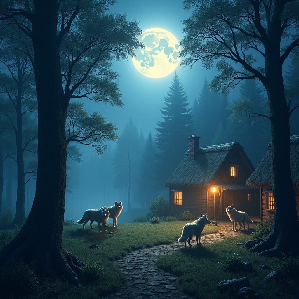 Moonlit Village at Forest Edge in Fantasy Style