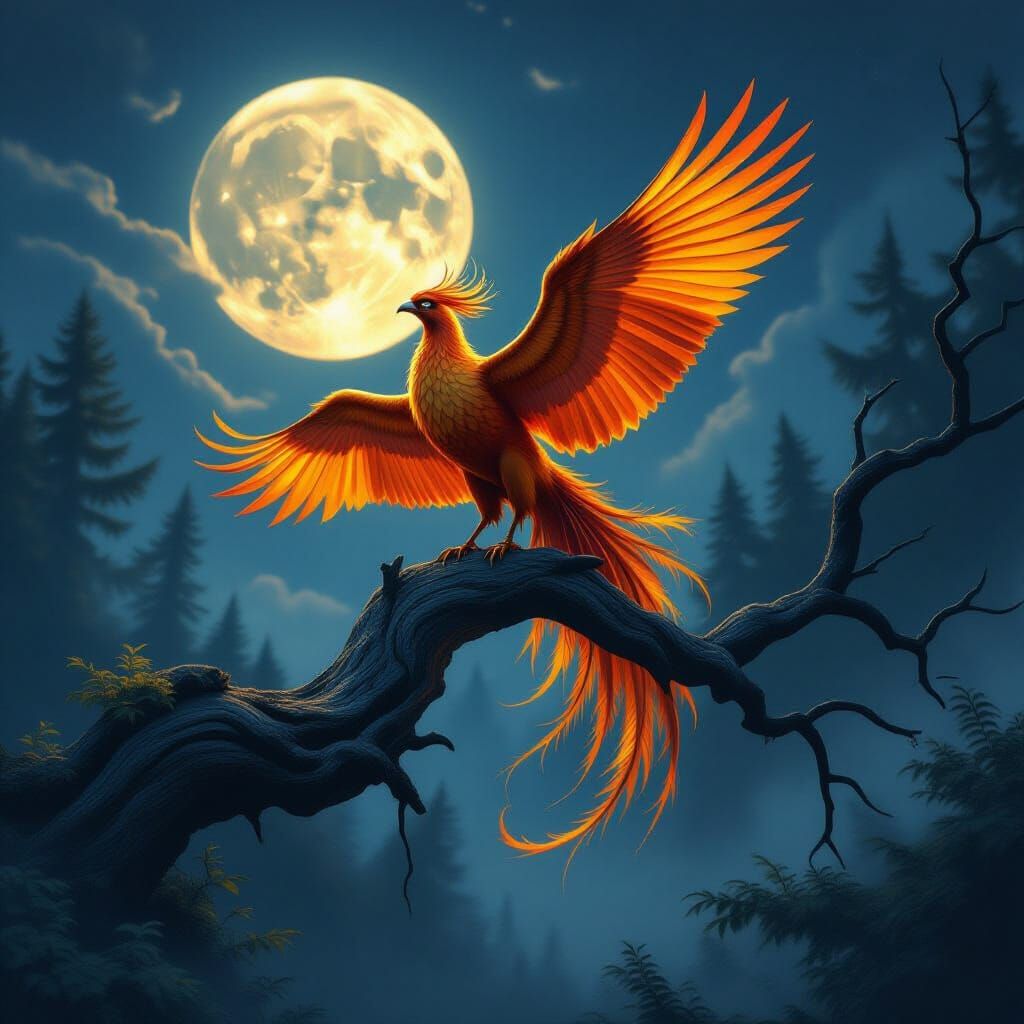 Majestic Phoenix Perched Under Moonlight