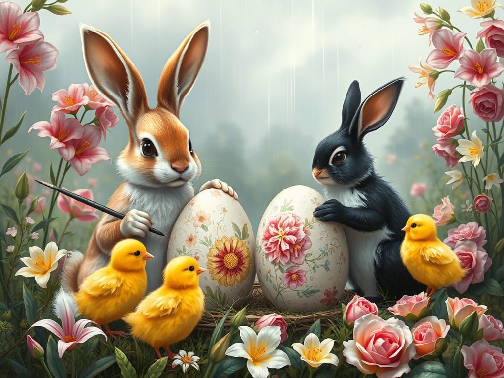 Easter Bunnies Painting Eggs in Alphonse Mucha Style