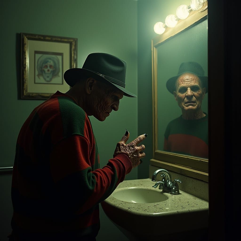 Freddy Kruger Reflected in Dim Bathroom Mirror