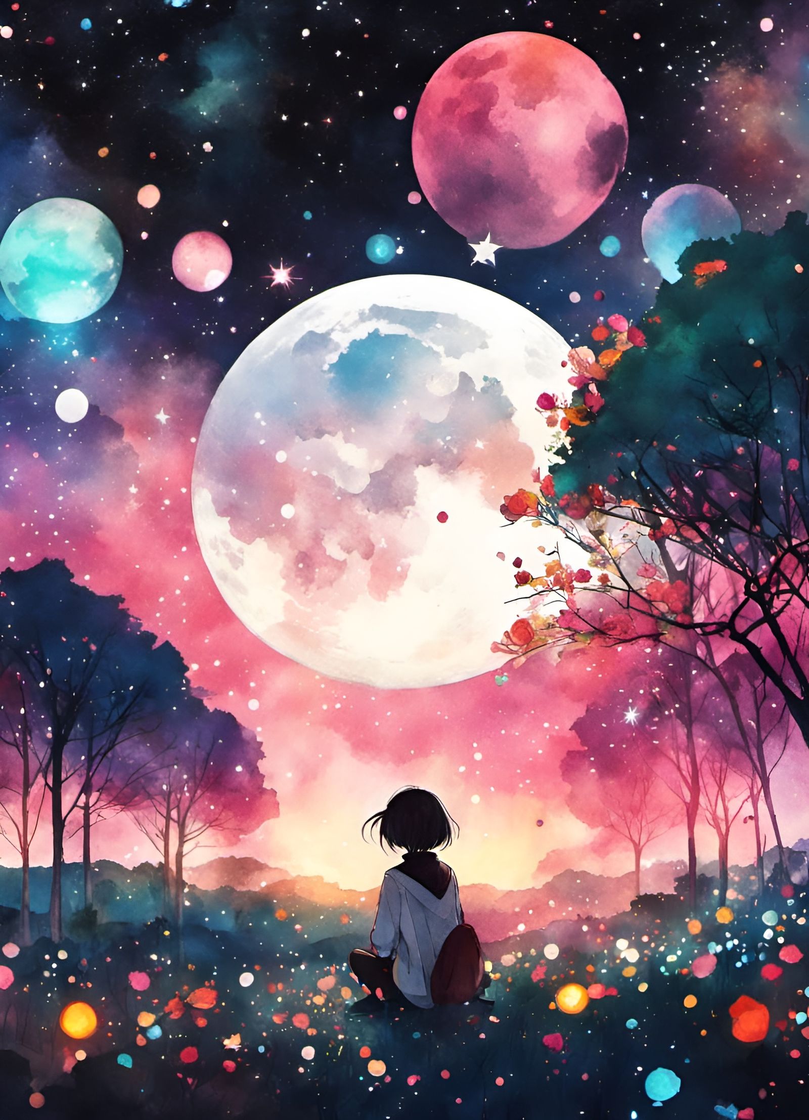 Anime Landscape with Sparkling Lights and Supermoon