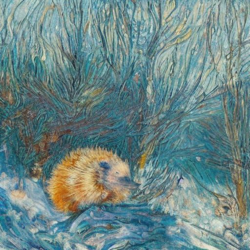 Surreal Winter Scene of a Great Unsleeping Hedgehog in an Ic...