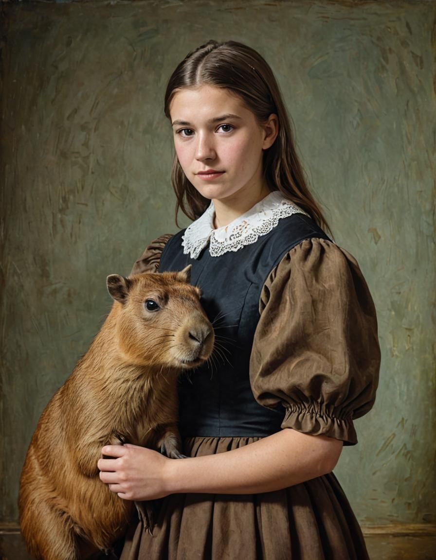 Portrait of a girl with a capybara