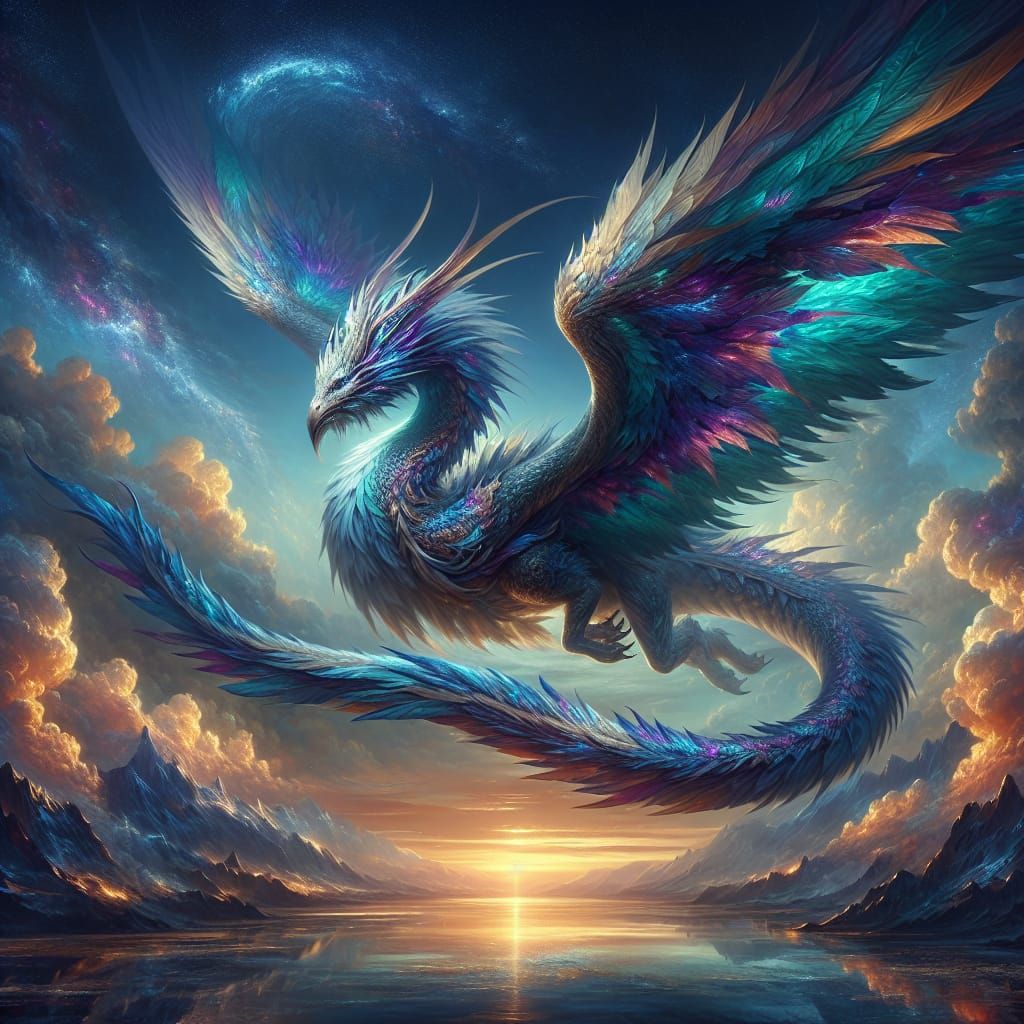 Wyvern with Teal Feathers at Dawn: Digital Matte Painting