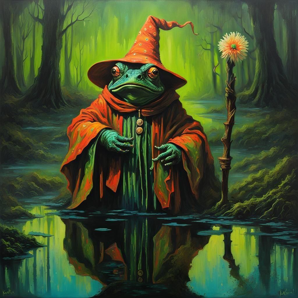 Fluorescent Toad Wizard in Creepy Swamp, Acrylic Pour