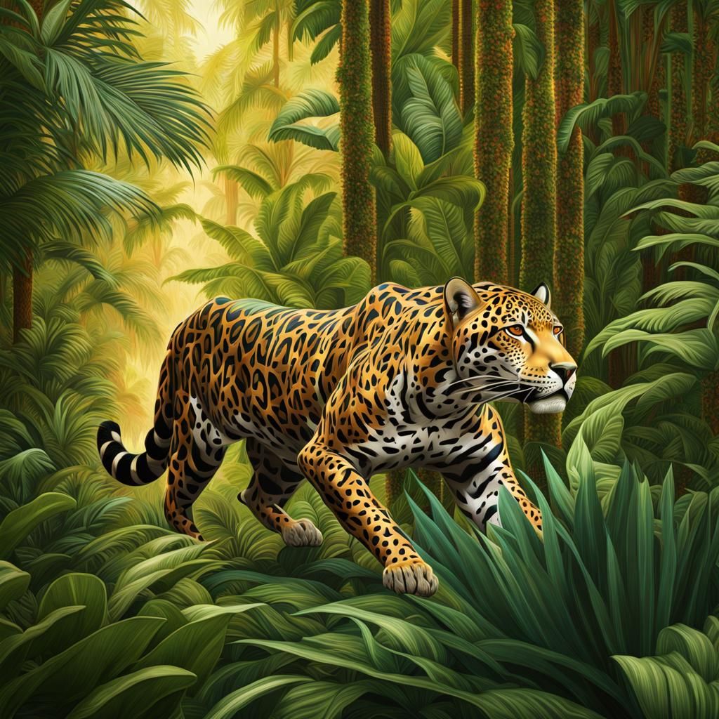 Art Deco Jaguar in Stylized Jungle
