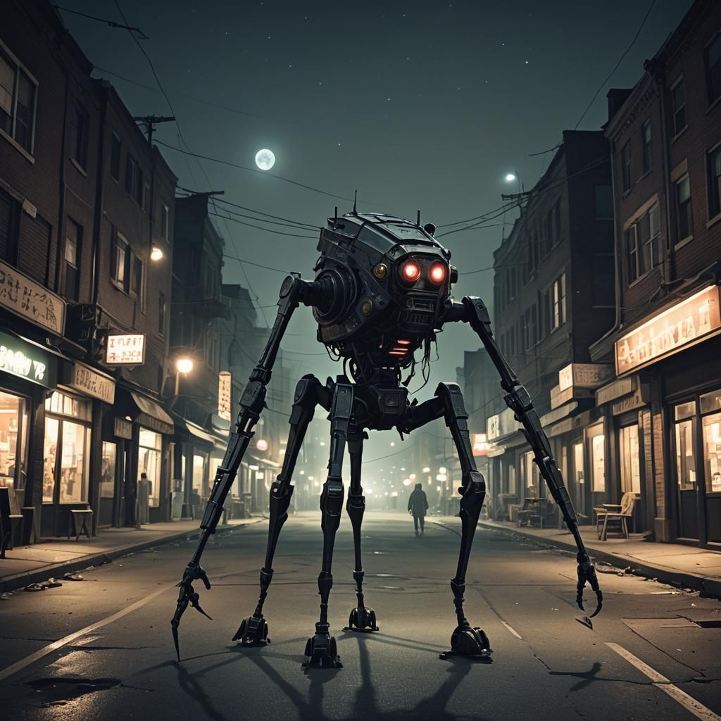 Tripod Creature in Liminal Town at Night