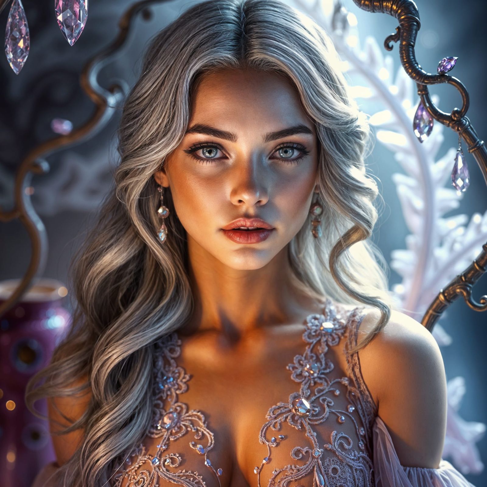 Ethereal Woman with Violet Eyes in Crystalline Realm