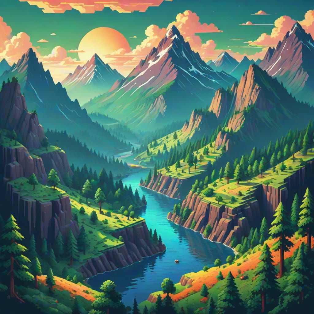 Pixel Art Landscape with Exaggerated Depth