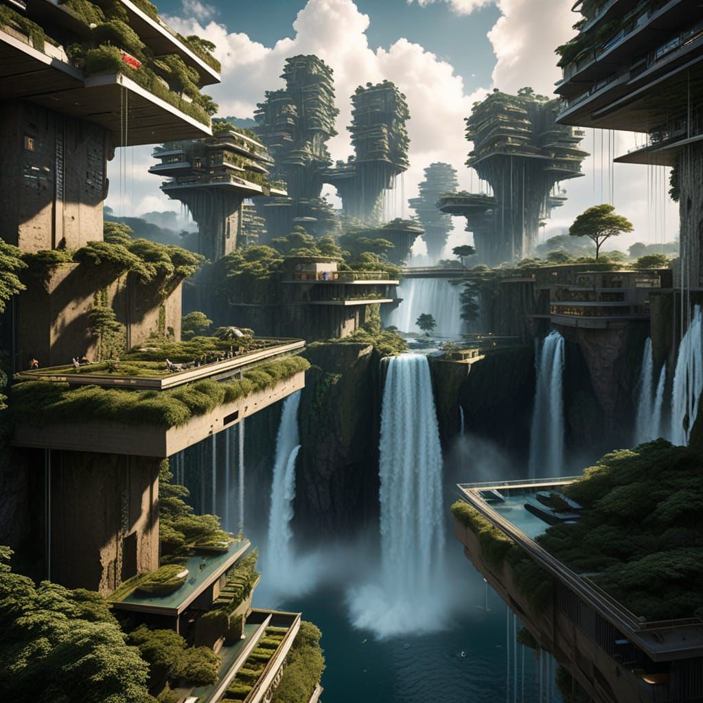 Floating Cityscape with Waterfalls Connecting Cloud Islands