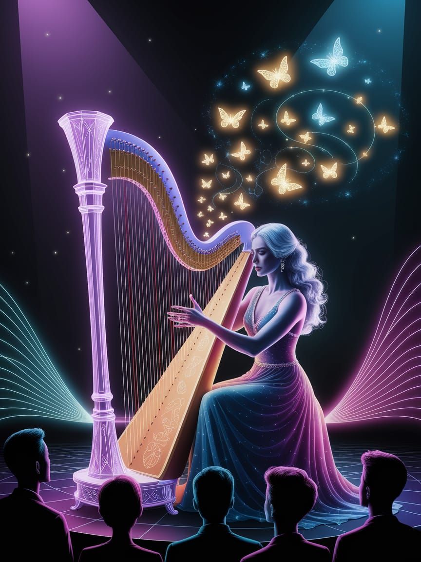 Magical Musician Plays Crystalline Harp, Creating Visual Mus...