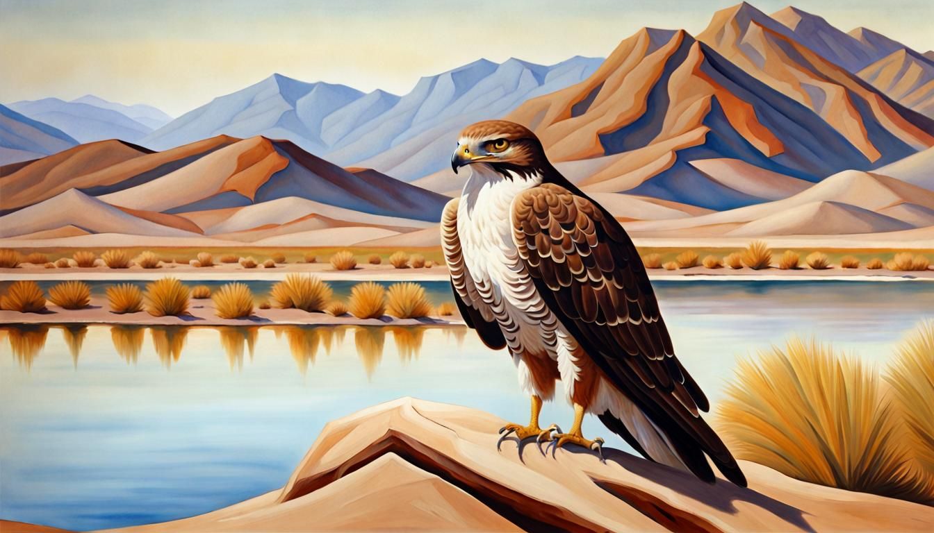 Hawk by Desert Lake, in O'Keeffe Style