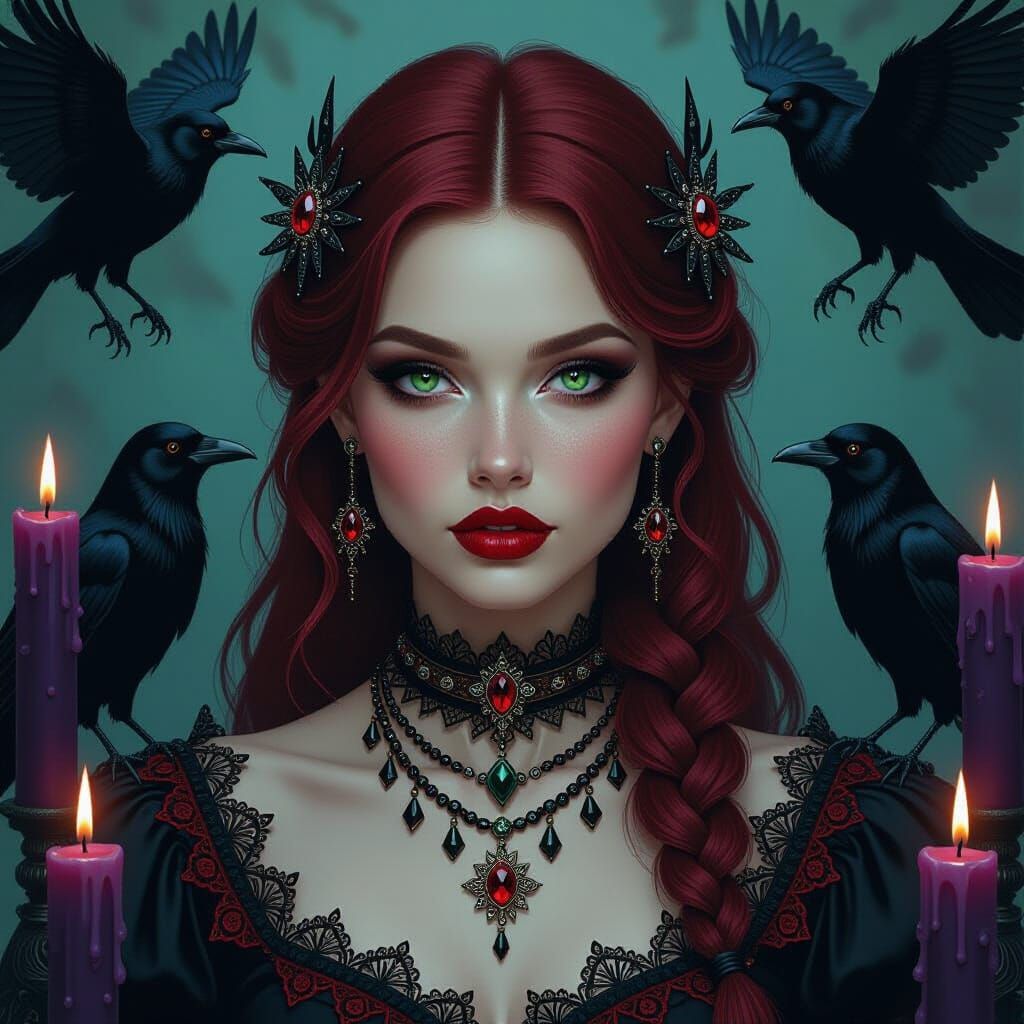 Gothic Woman Portrait with Crows and Candles