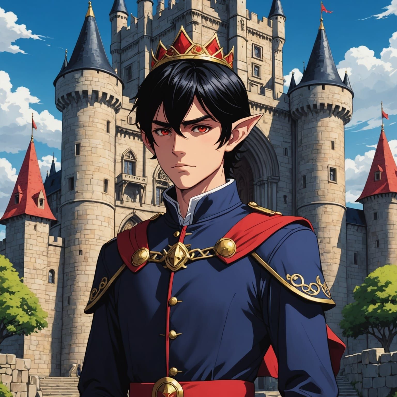 Anime Crown Prince with Raven Hair and Red Eyes