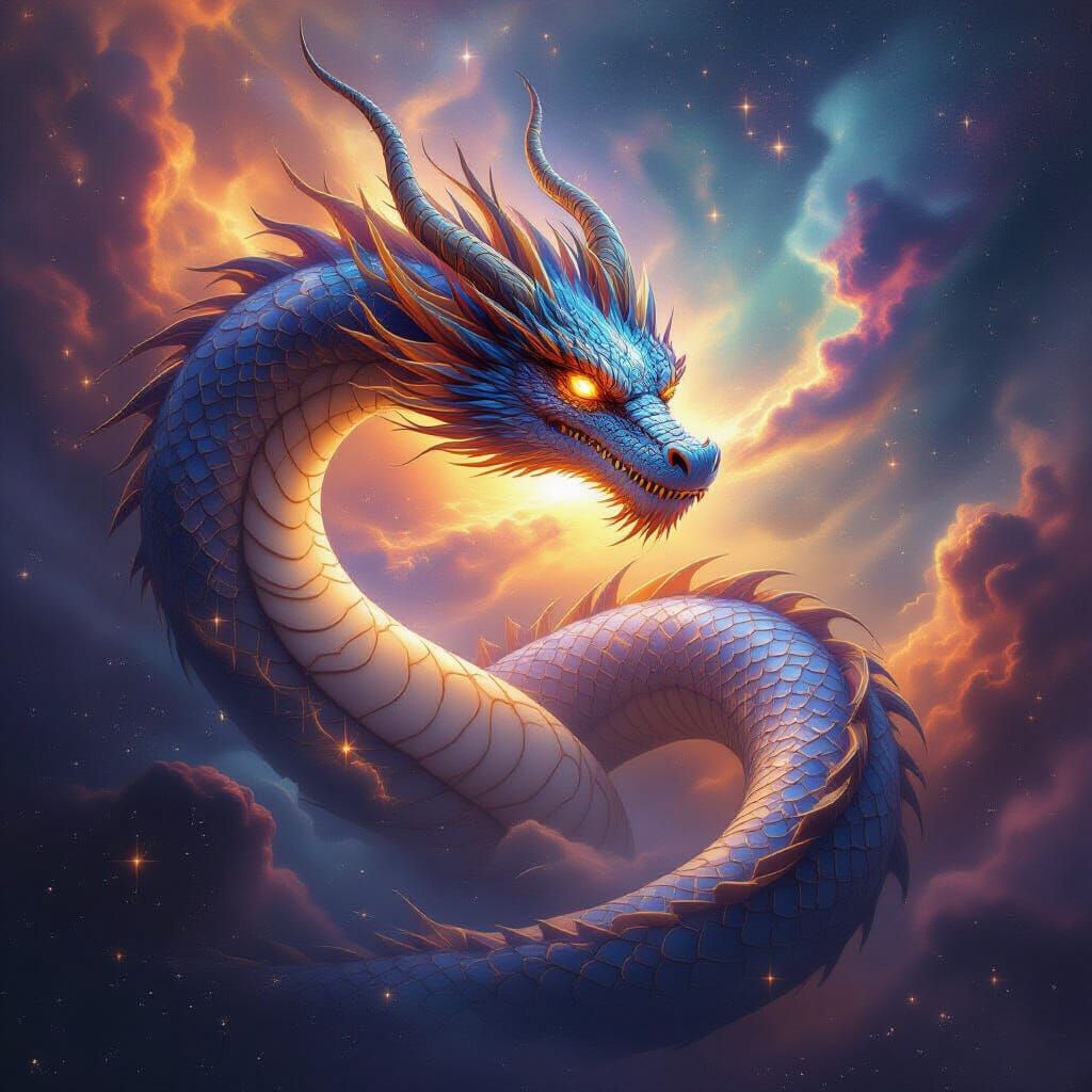 Celestial Dragon Coiled Around Nebula in Cosmic Realism Styl...