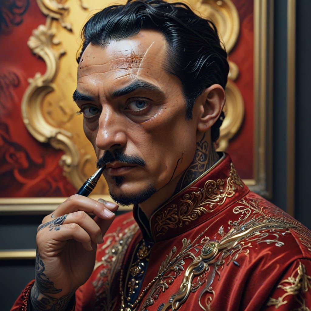 Intelligent Man in Ornate Tunic with Tattoos, Oil Painting