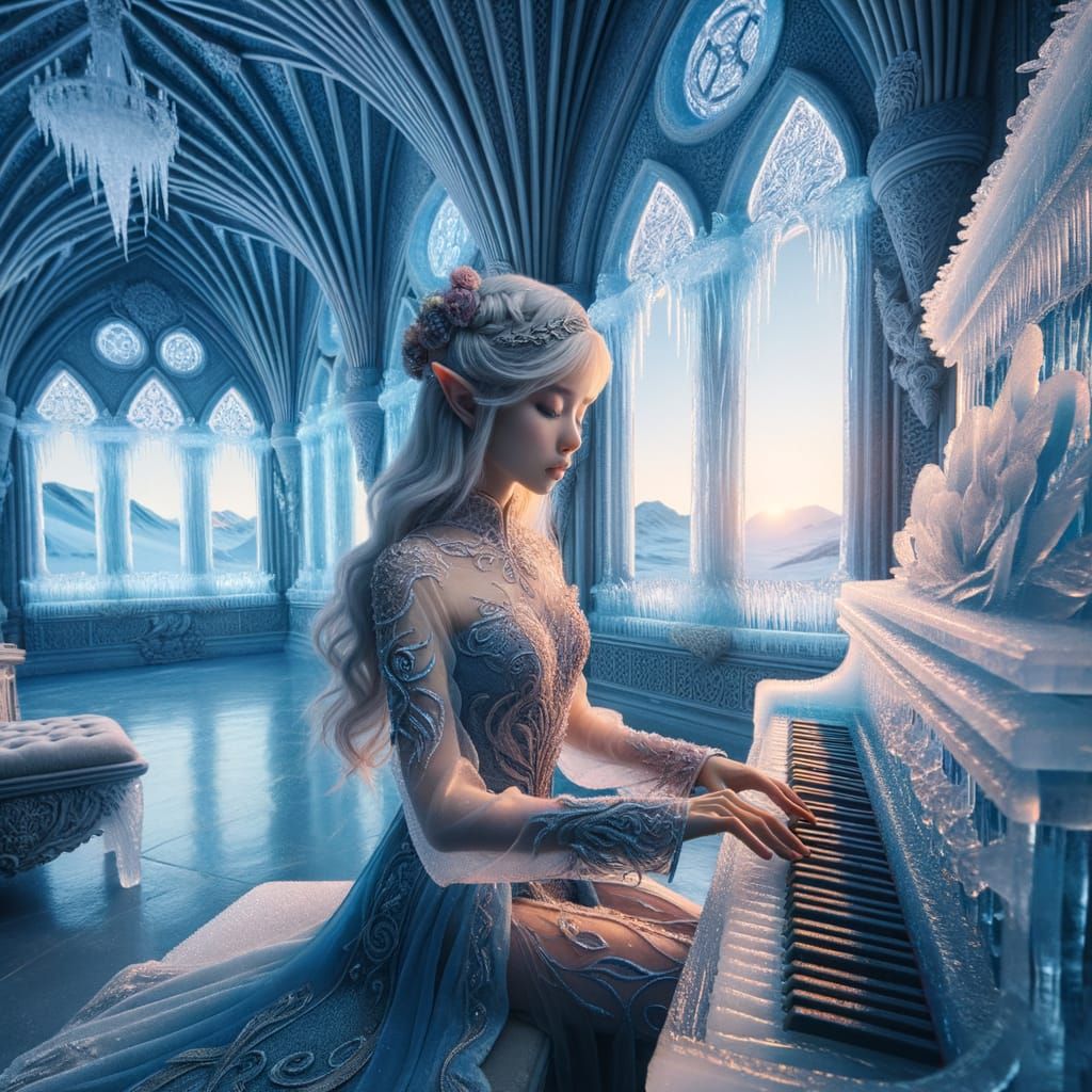 Elven Girl Plays Ice Piano in Enchanted Palace