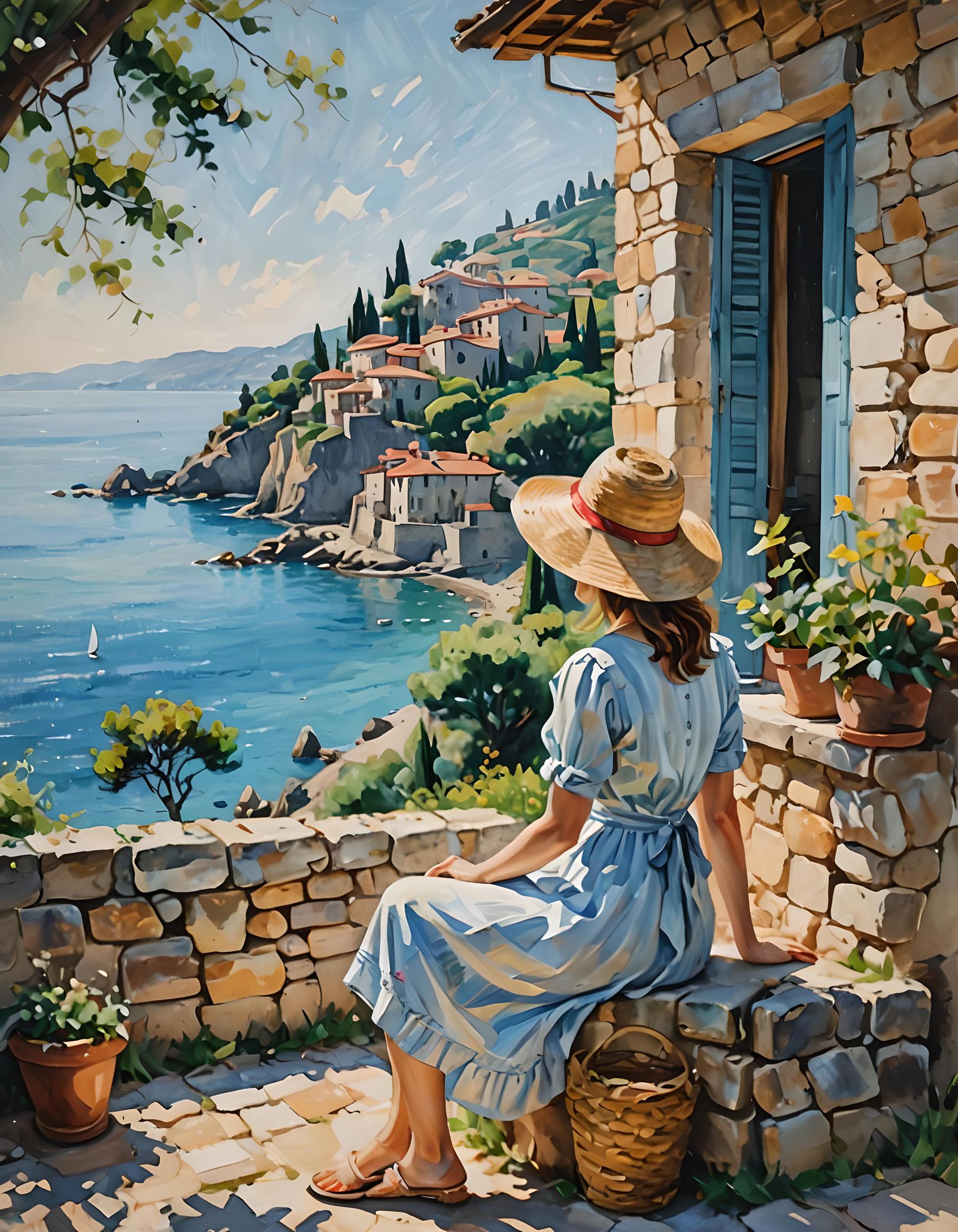Impressionist Woman Gazing at Italian Seaside View