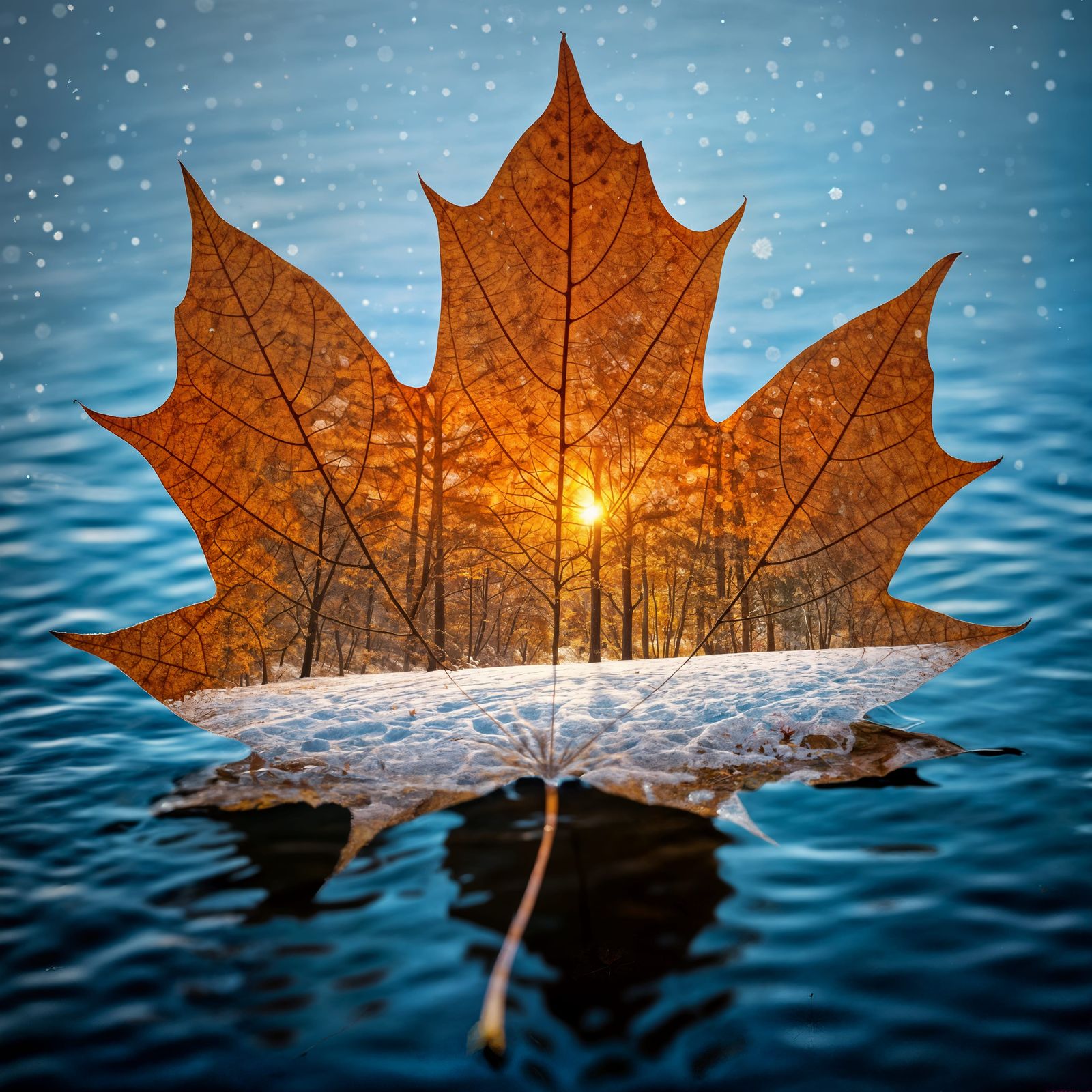 Autumn Wonderland Scene in a Frozen Maple Leaf